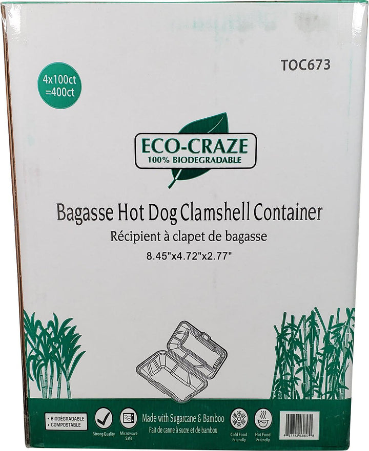 Eco-Craze - Hot Dog - 8.45"x4.72"x2.77" - Bagasse Clamshell Container