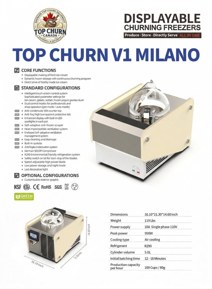 Advertisement for Top Churn V1 Milano displayable churning freezers with product details and specifications.