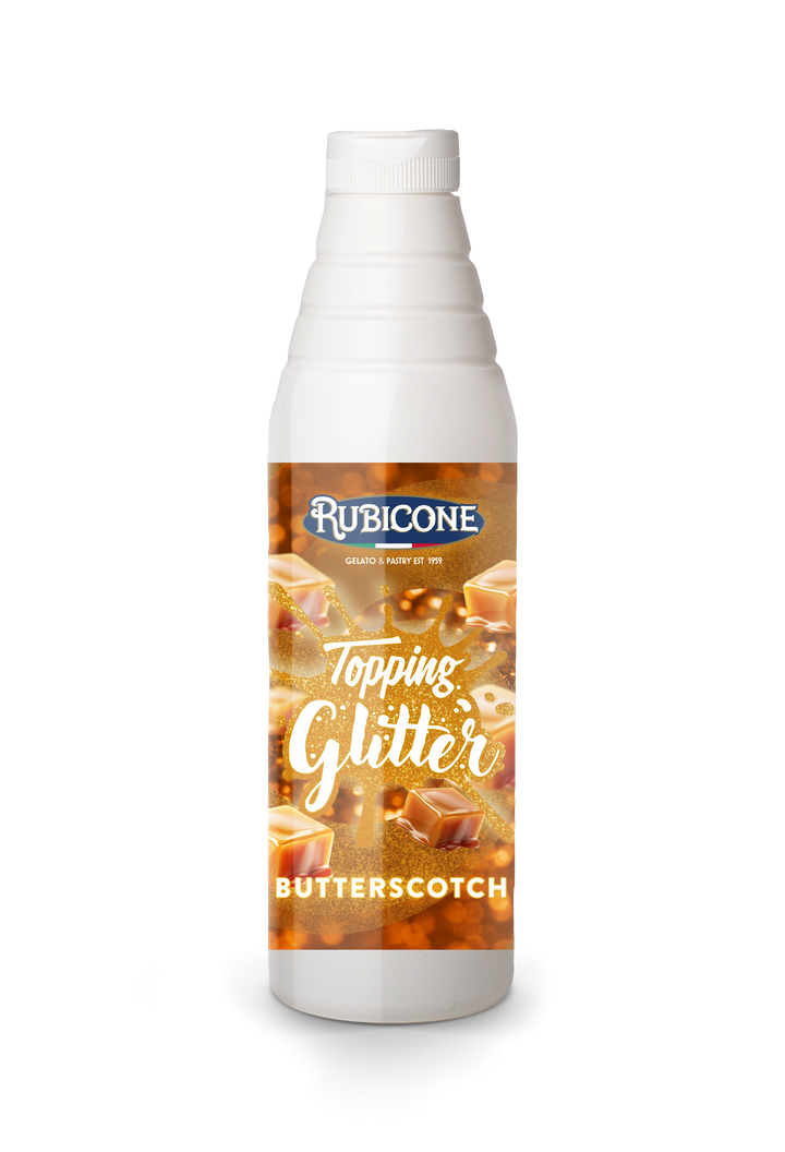 Rubicone Butterscotch Topping Glitter 1 KG squeeze bottle on a white background