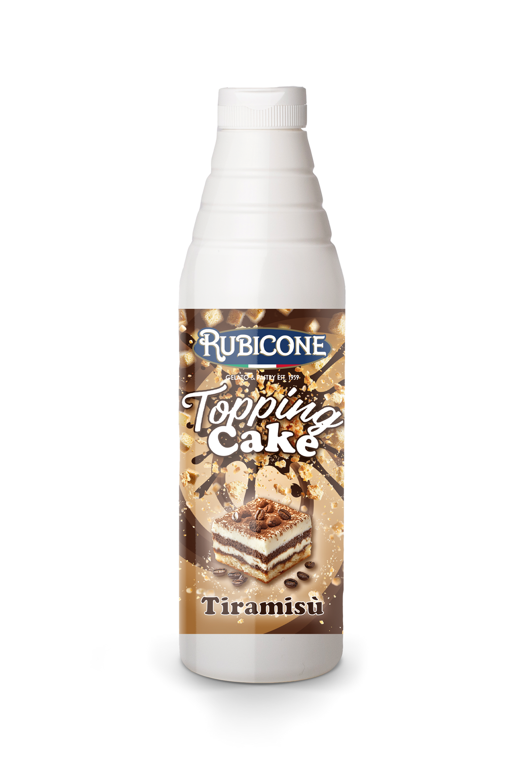 A bottle of Rubicone Topping Cake Tiramisu syrup, featuring a white plastic bottle with a detailed label showing a slice of tiramisu cake and coffee beans on a white background.