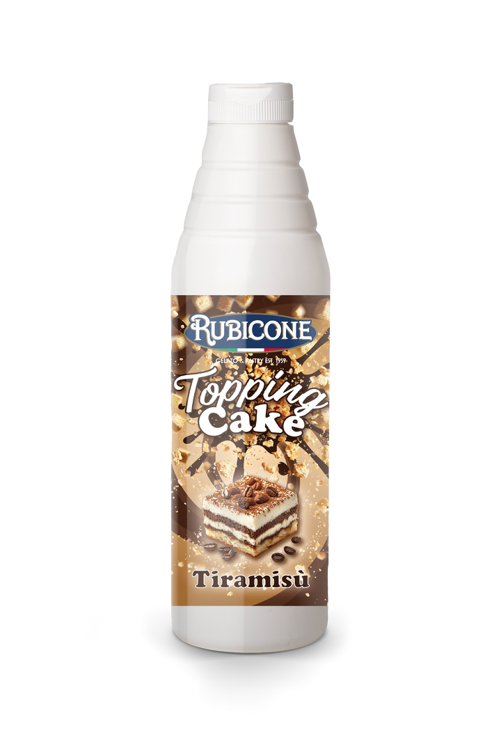 A bottle of Rubicone Topping Cake Tiramisu syrup, featuring a white plastic bottle with a detailed label showing a slice of tiramisu cake and coffee beans on a white background.