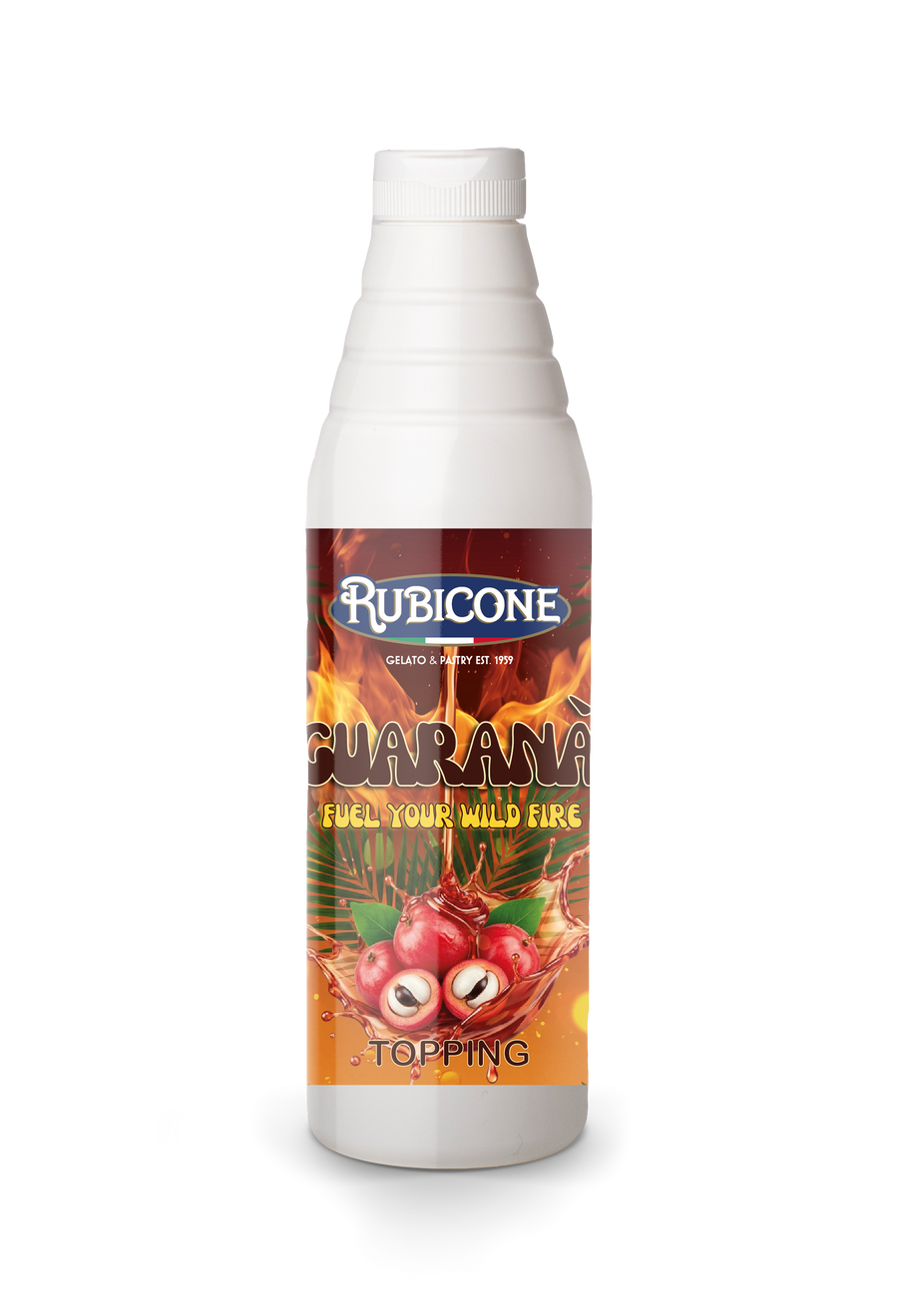 1 KG squeeze bottle of Rubicone Guarana Topping "Fuel your wild fire" on a white background