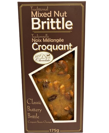 Box of Traditional Mixed Nut Brittle with a clear window showing the brittle inside.