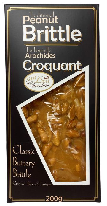 Box of Peanut Brittle with a clear window showing the candy inside.