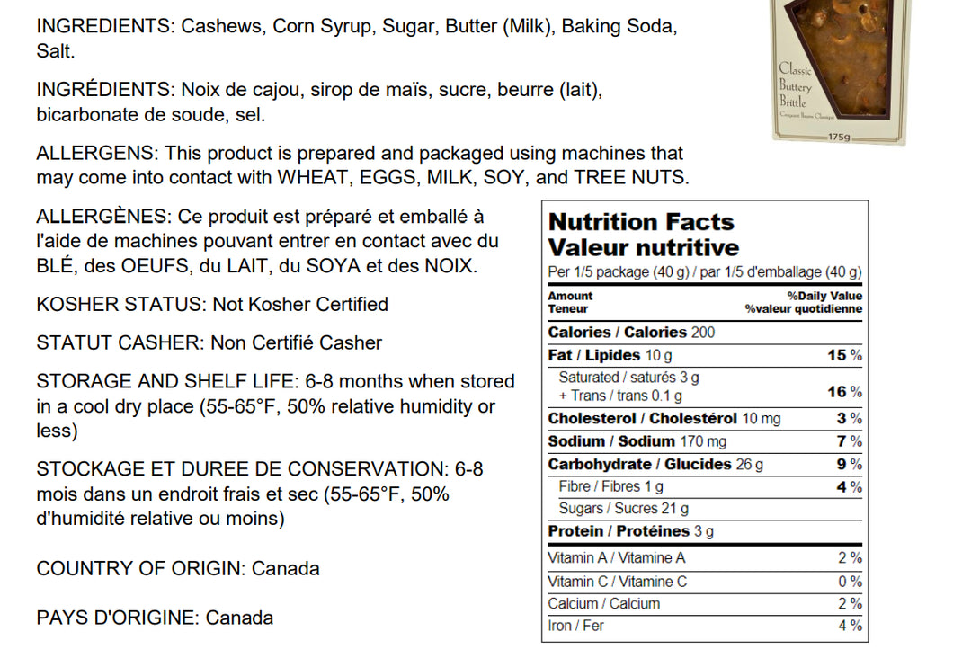 Product label with ingredients, allergen information, nutrition facts, and other details.