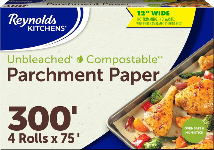 Unbleached Parchment Paper - 12 inches x 75 feet - Pack of 4 - Parchment Paper Roll - Baking Paper - Compatible as Air Fryer Liners Canada