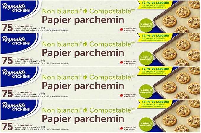 Unbleached Parchment Paper - 12 inches x 75 feet - Pack of 4 - Parchment Paper Roll - Baking Paper - Compatible as Air Fryer Liners