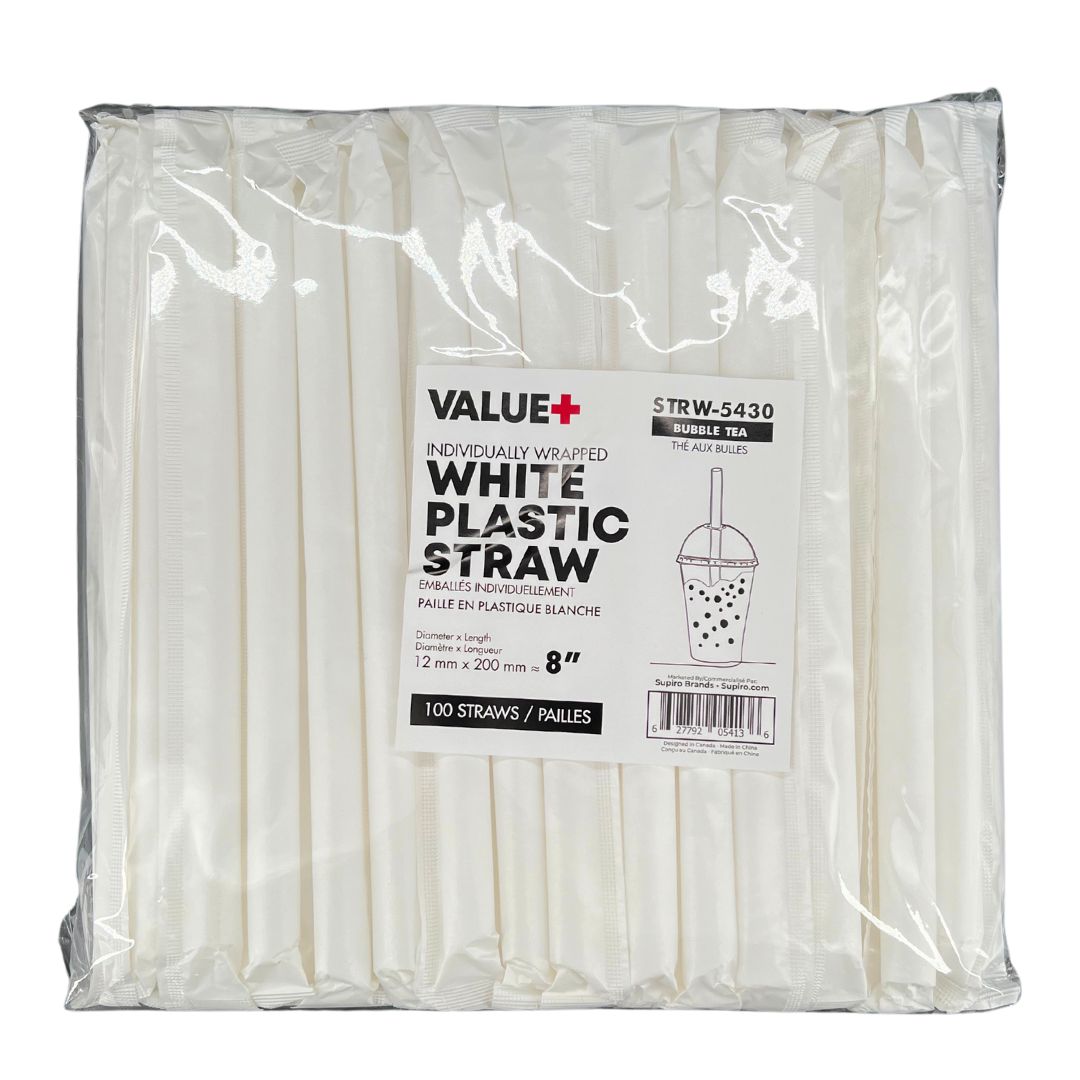 Value+ - 8" White Plastic Straw - Bubble Tea - Sharp End - White - 12 mm