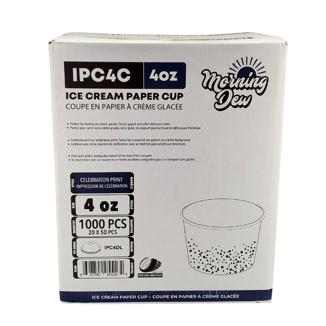 Box of Ice Cream Paper Cups with branding and specifications