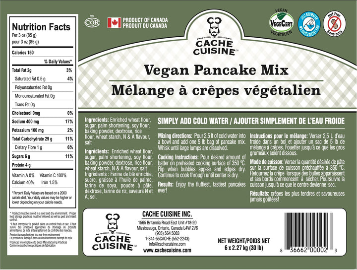 Vegan Pancake Mix - Case of 6 x 5 Lb. - Simply Add Water - Product of Canada