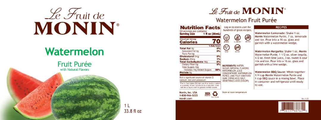 Ingredients and label - Watermelon Purée - Monin - Premium Fruit Purees - 4 x 1L Plastic Bottle