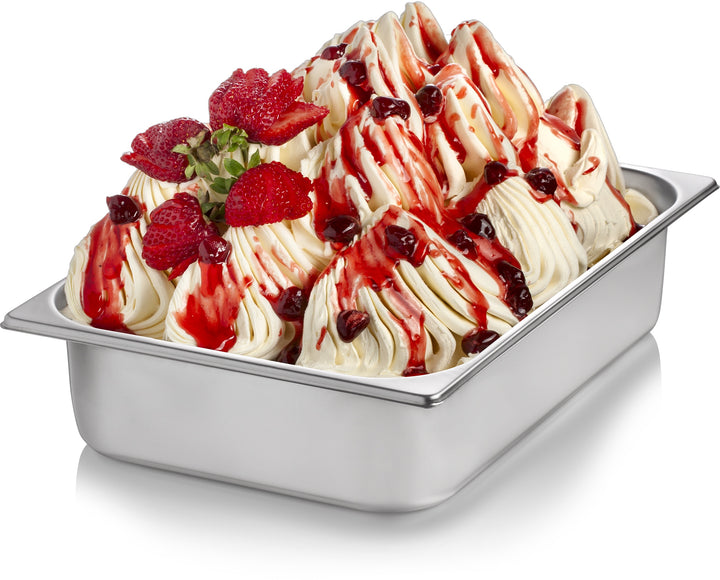 Wild Strawberry Sundae Dessert Topping on top of Vanilla Gelato in a wide stainless steel gelato pan