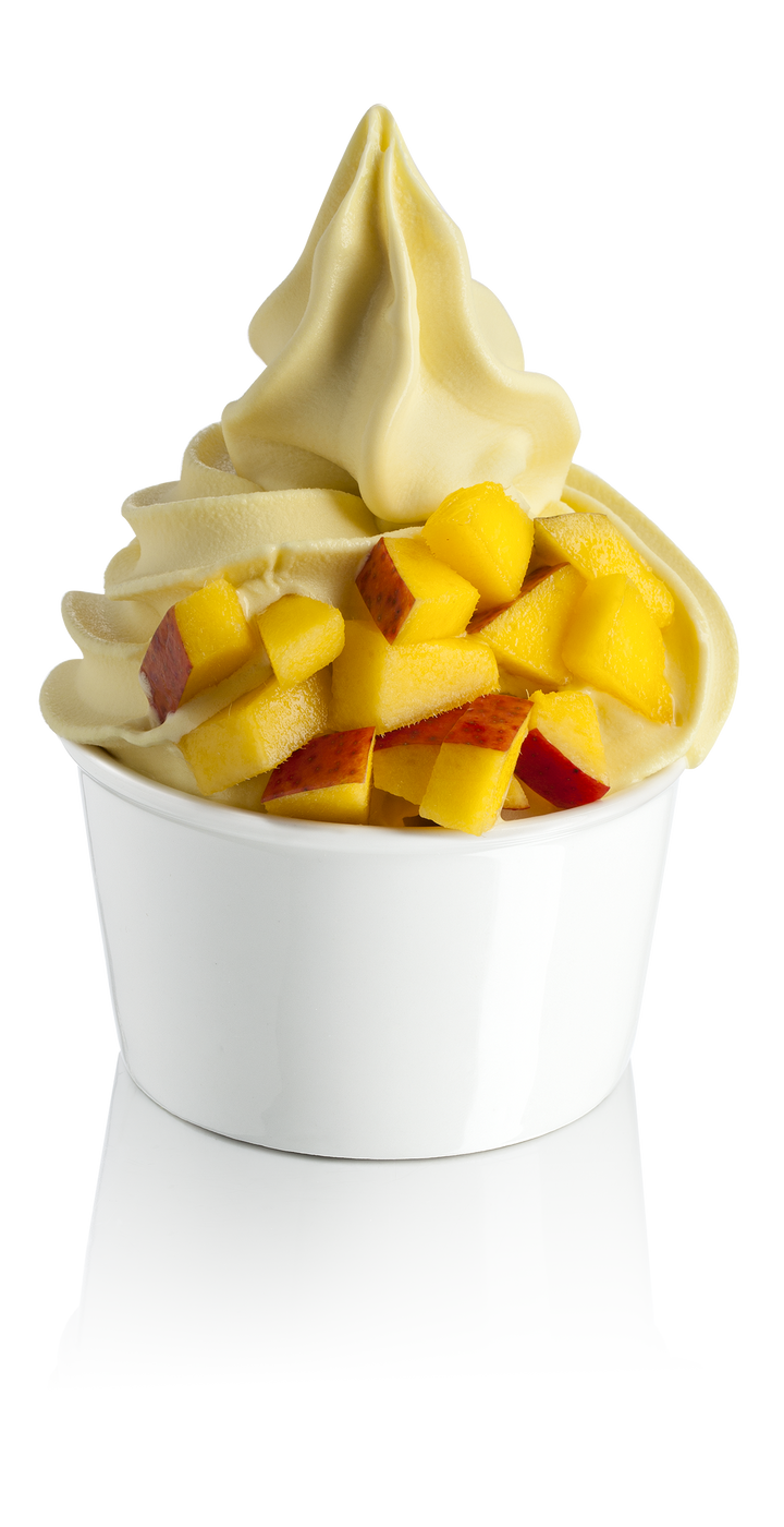 Yellow Peach soft serve gelato in a white cup with yellow peach pieces inside on a white background