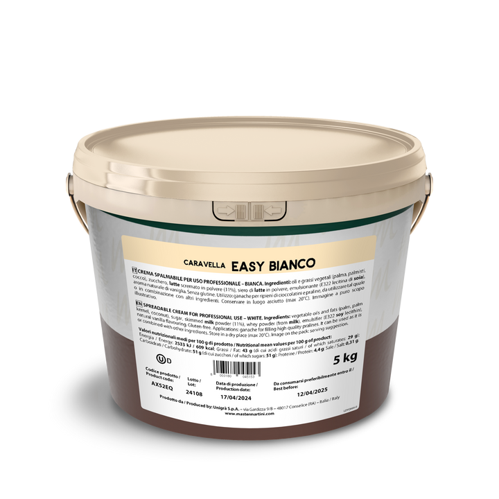5 KG Bucket of Caravella Easy Bianco Ganache Spreadable Cream on a white background - Master Martini Canadian distribution