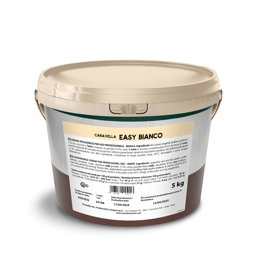 5 KG Bucket of Caravella Easy Bianco Ganache Spreadable Cream on a white background - Master Martini Canadian distribution
