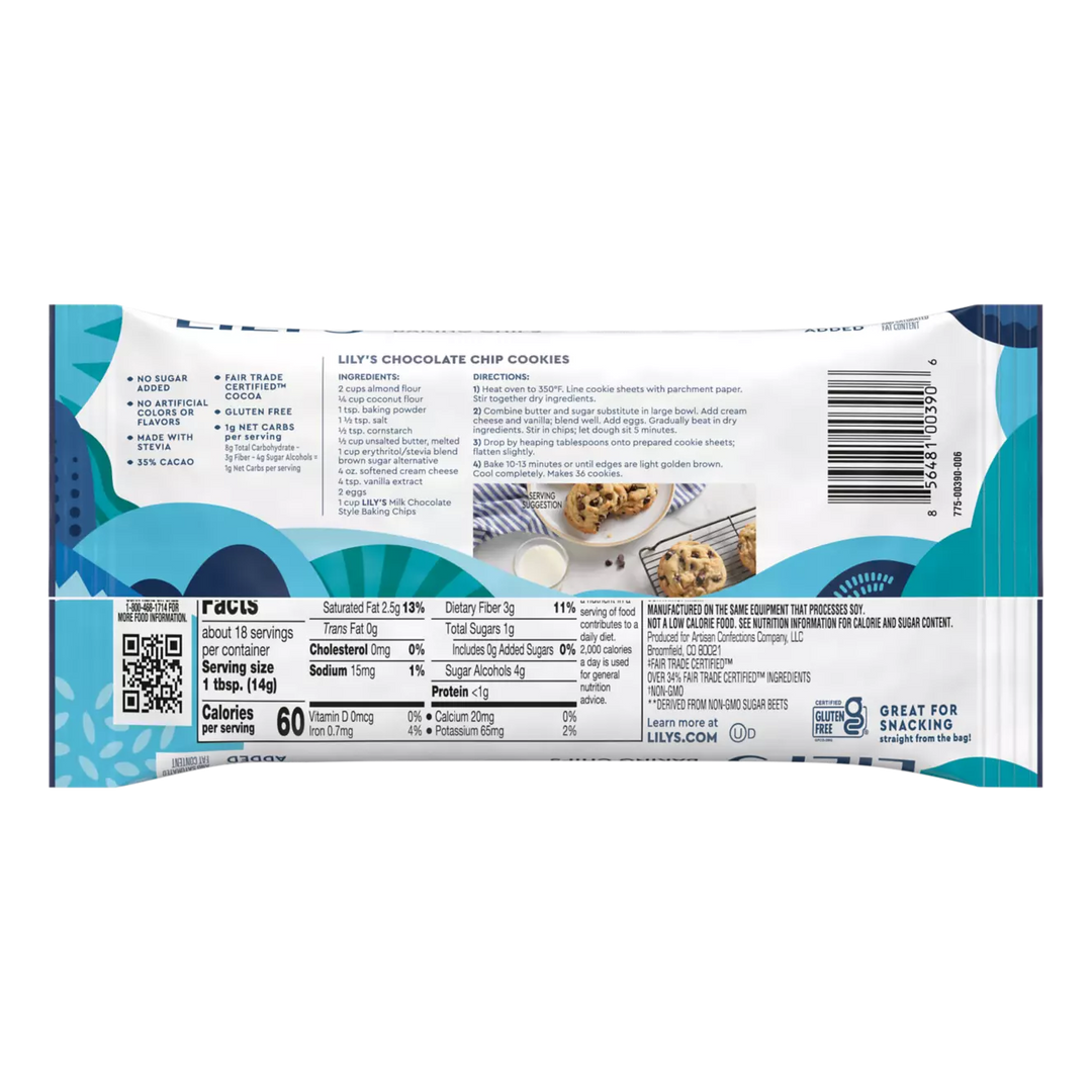 Back of LILY'S Milk Chocolate Style Baking Chips - 9 oz Bag - 35% Cacao - Made with Stevia - No Sugar Added - Gluten Free - Kosher