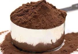 Cocoa powder in a measuring spoon with a background of more cocoa powder.