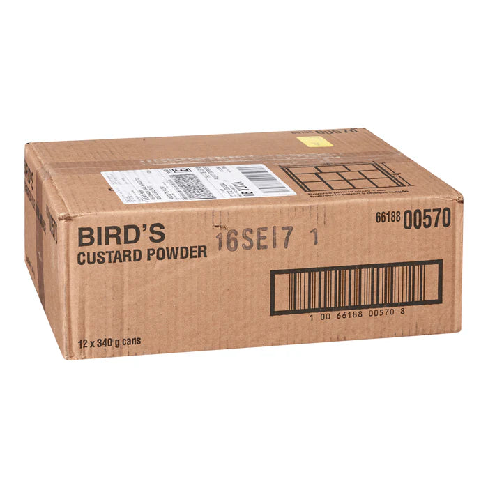 Cardboard box of Bird's Custard Powder with labels and barcodes on a white background