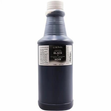 32oz Bottle of LorAnn Black liquid gel food coloring on a white background