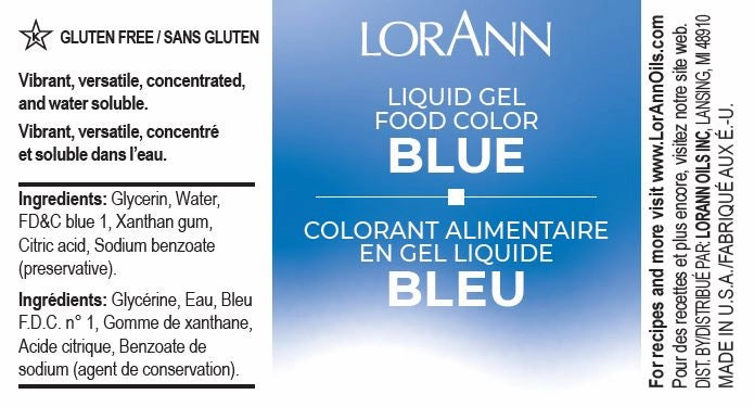LorAnn Blue liquid gel food color packaging with ingredients list on a blue and white background.