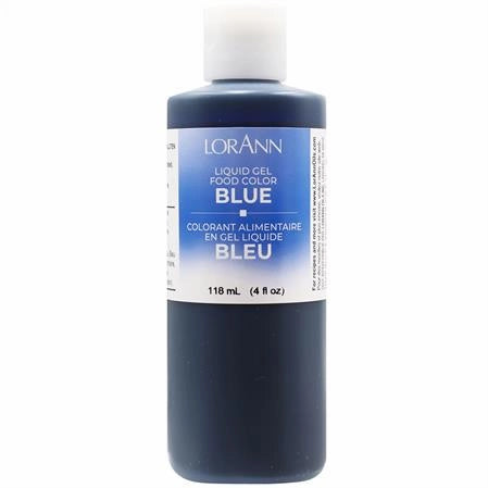 Bottle of 4oz LorAnn Blue liquid gel food color on a white background
