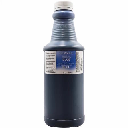 Bottle of 32oz blue liquid gel food coloring with a label on a white background