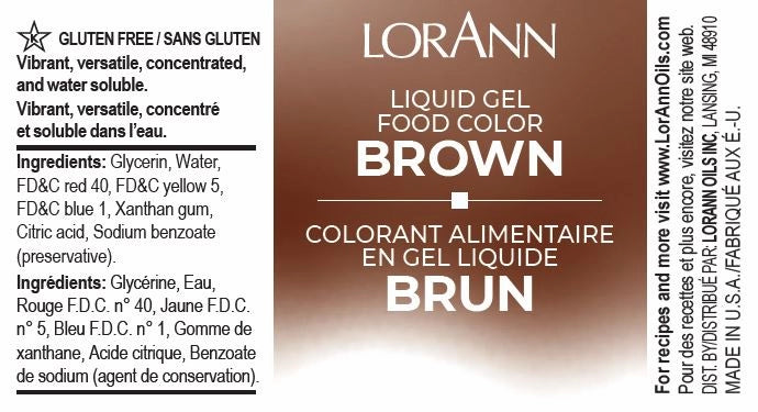 LorAnn Brown liquid gel food color packaging with ingredients list on a white background