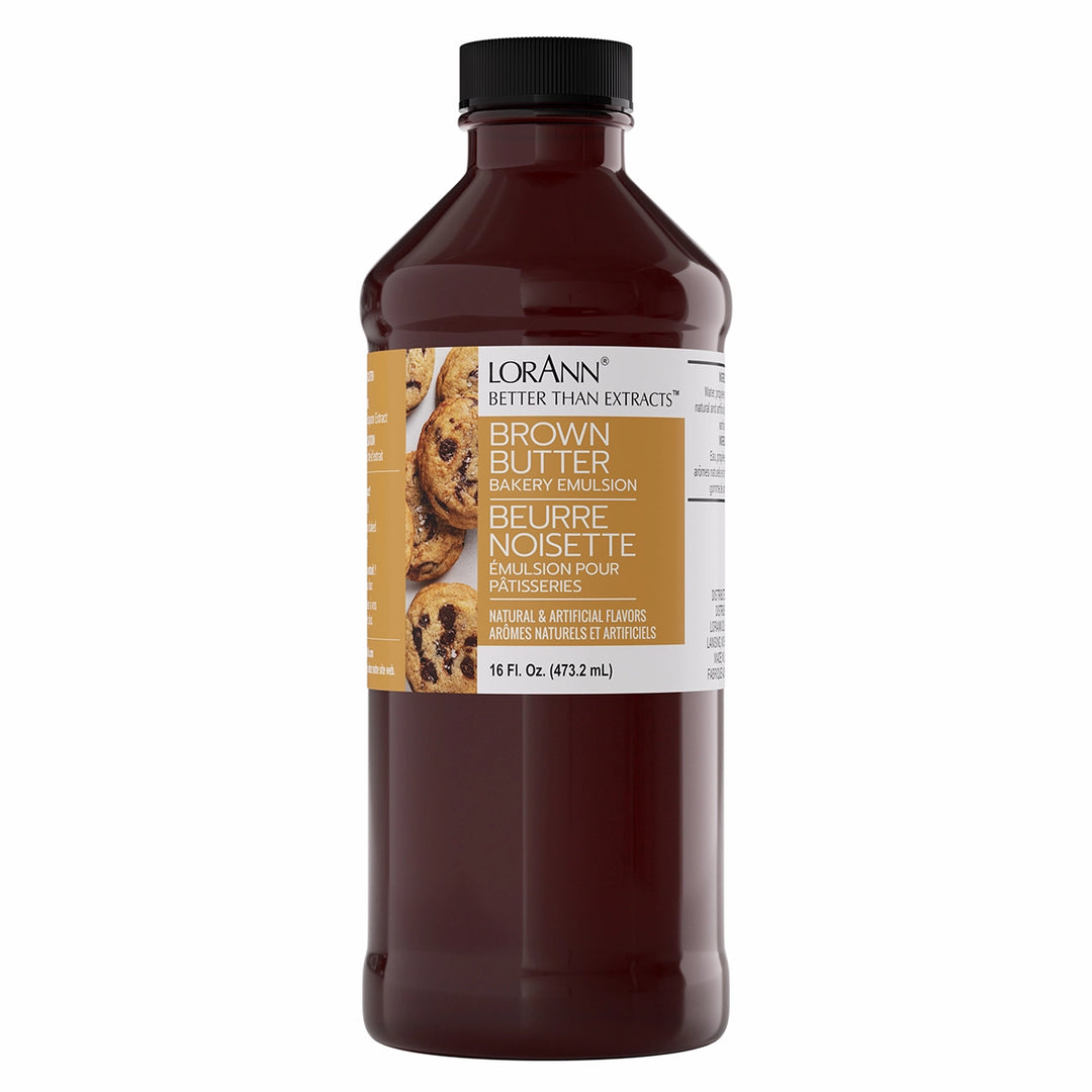 Bottle of 16oz LorAnn Brown Butter Emulsion on a white background -distributed by fun foods Canada