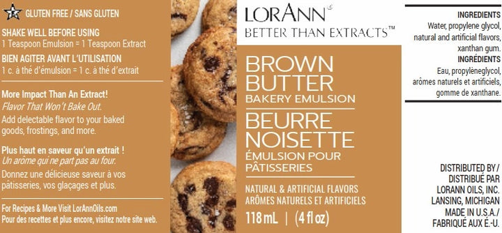 LorAnn Brown Butter Bakery Emulsion packaging with cookies on a white background - distributed by fun foods Canada