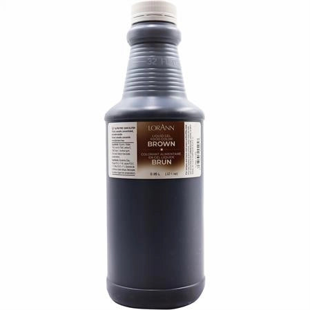 32 oz Bottle of LorAnn Brown liquid gel food colorant on a white background