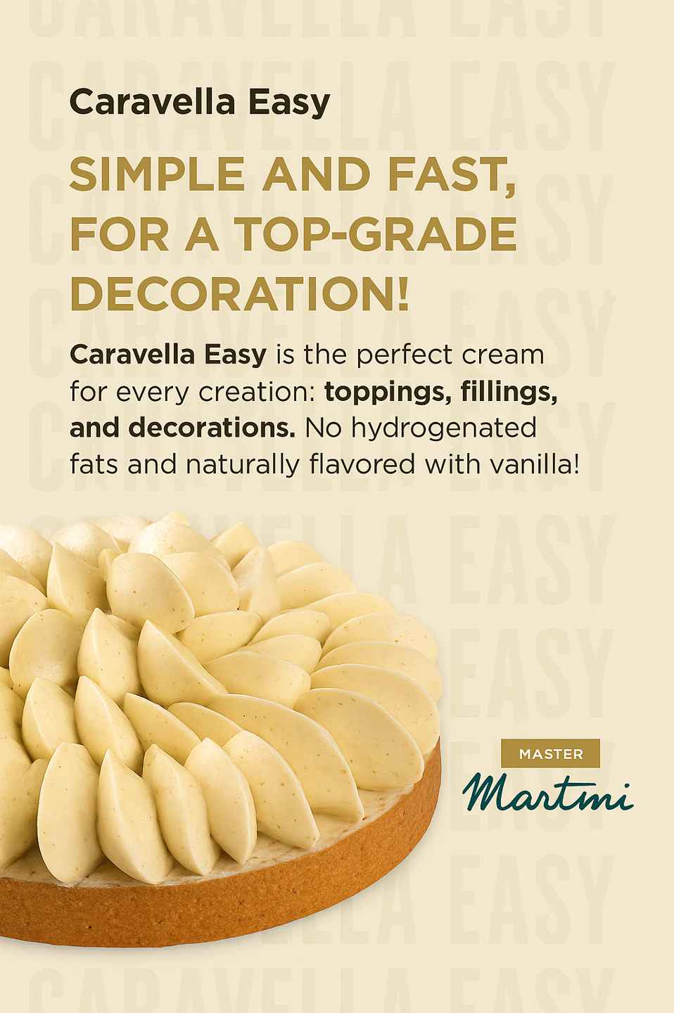 Caravella Easy cream with a cake on a beige background, featuring text about the product.