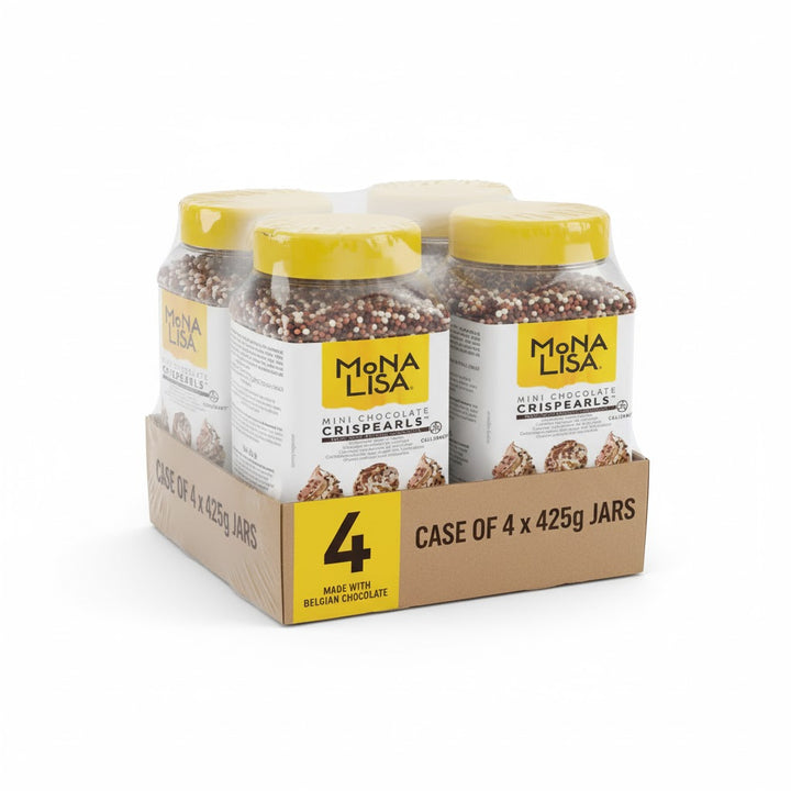 Case of Mona Lisa mini chocolate crispearls in jars with a cardboard box packaging.