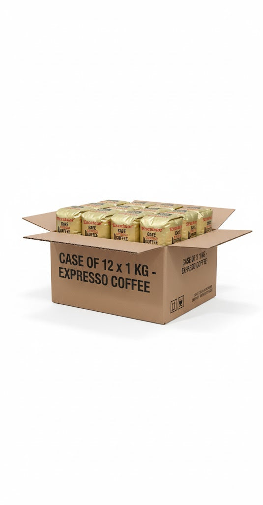 Box of 12 x 1 kg expresso coffee packages on a white background