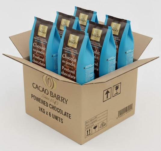 Box of Cacao Barry powdered chocolate with blue packaging on a white background