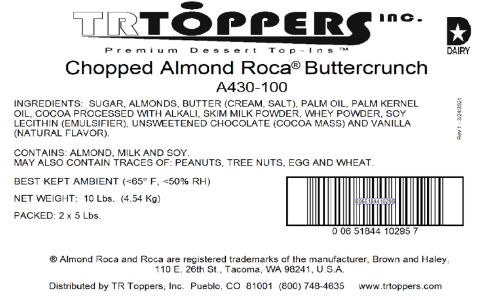 Brown & Haley Almond Roca Candy Toppings | TR Toppers A430-100 | Premium Dessert Toppings, Mix-Ins and Inclusions | Canadian Distribution