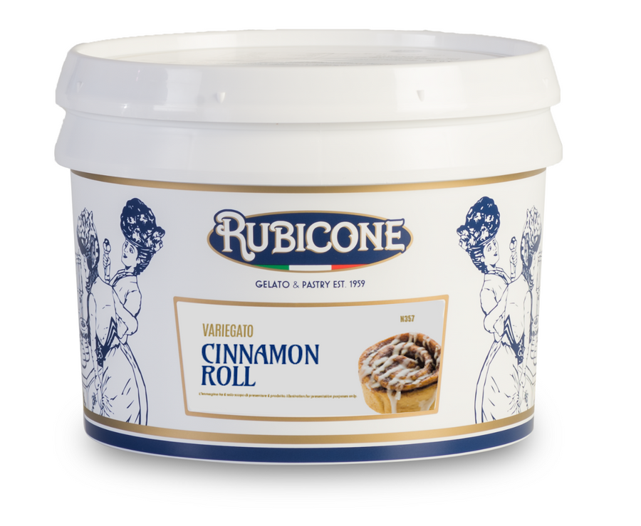 Rubicone ice cream sundae topping 3 KG container with cinnamon roll flavor on a white background