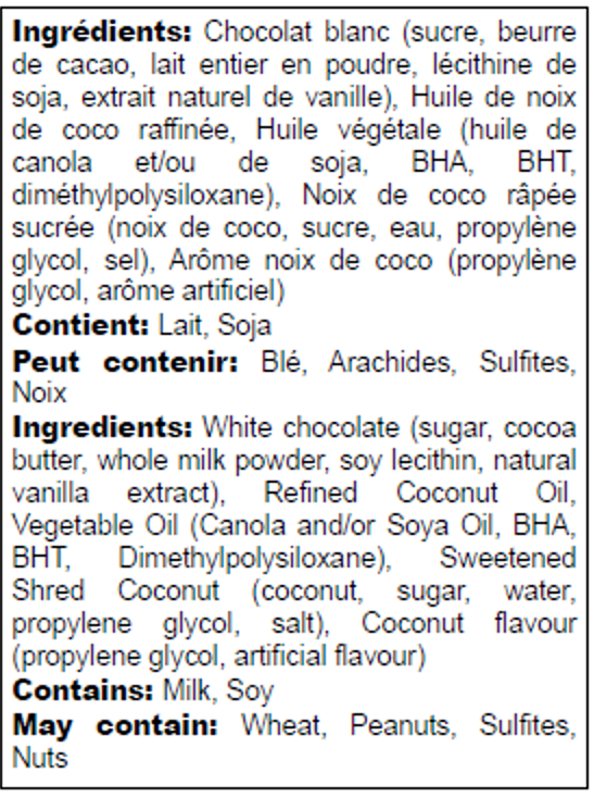 Ingredients list in english and french for belgian coconut cone dip coating