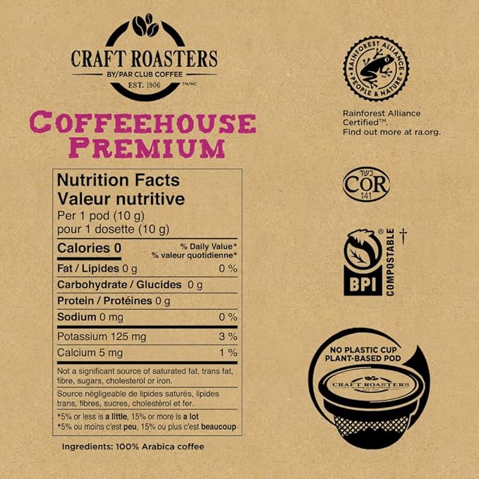 Top Selling Club Coffee Craft Roasters | Coffeehouse Premium | Medium Roast Single Serve Coffee Pods | 72 Count | Compostable Coffee Pods | Keurig Brewer Compatible | Rainforest Alliance Certified