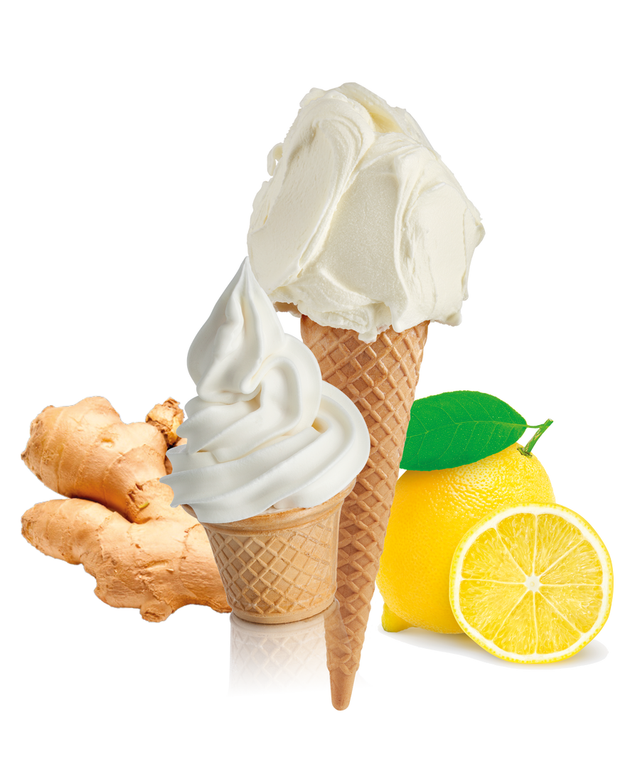 Ginger Lemon Sugarfree Flavored Ice cream and Gelato on cones with ginger and lemon fruit on a white background by Rubicone Canada