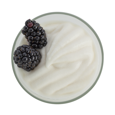 Top down view of glass cup filled with yogurt flavoured cream-ice (frozen yogurt cream) with blackberries on a white background by Rubicone Canada