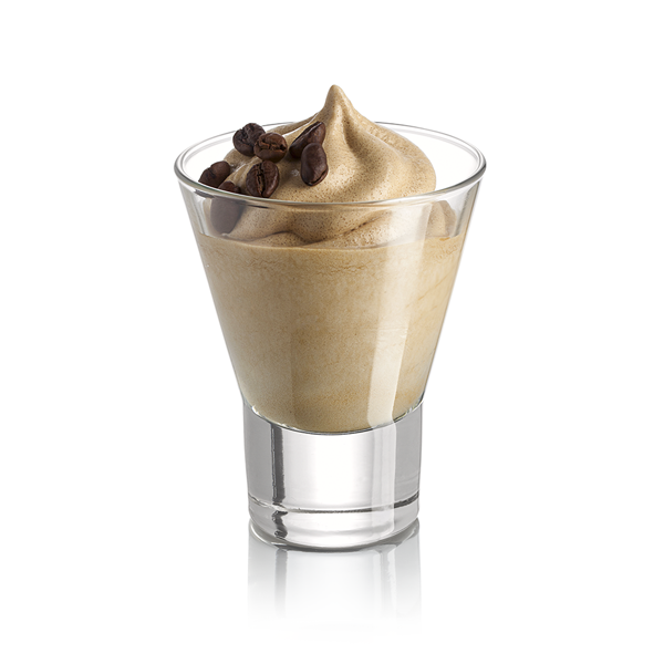 Glass dessert dish with frozen coffee cream-ice and coffee beans on a white background