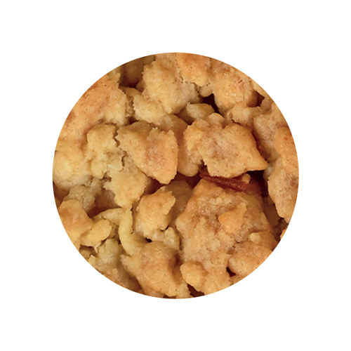 Close up texture image of white chocolate crumble on a white background
