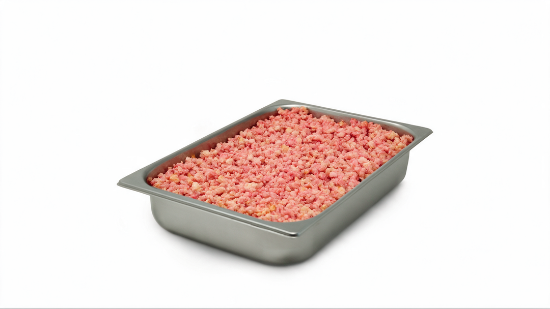 Strawberry dry crumble in a stainless steel wide gelato pan. 