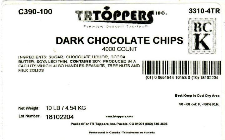 Dark Chocolate Chips  Candy Toppings | TR Toppers C390-100 | Premium Dessert Toppings, Mix-Ins and Inclusions | Canadian Distribution