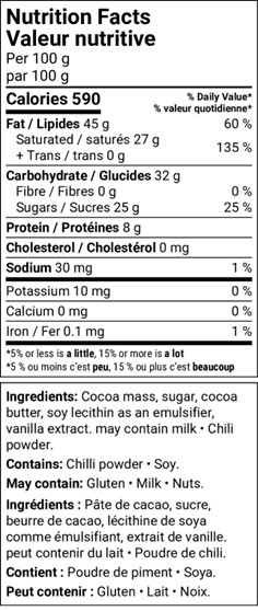 Dark Chocolate Chili Bar Nutrition Facts