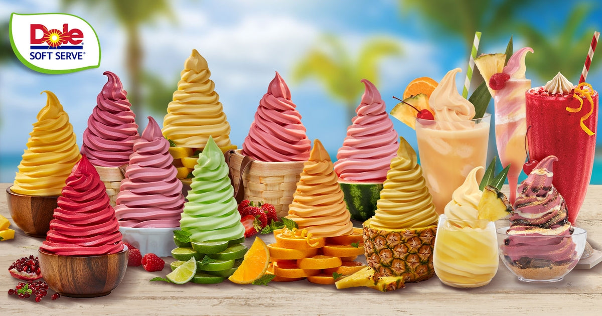 Colorful ice cream cones and soft serve ice cream display with Dole Soft Serve logo.