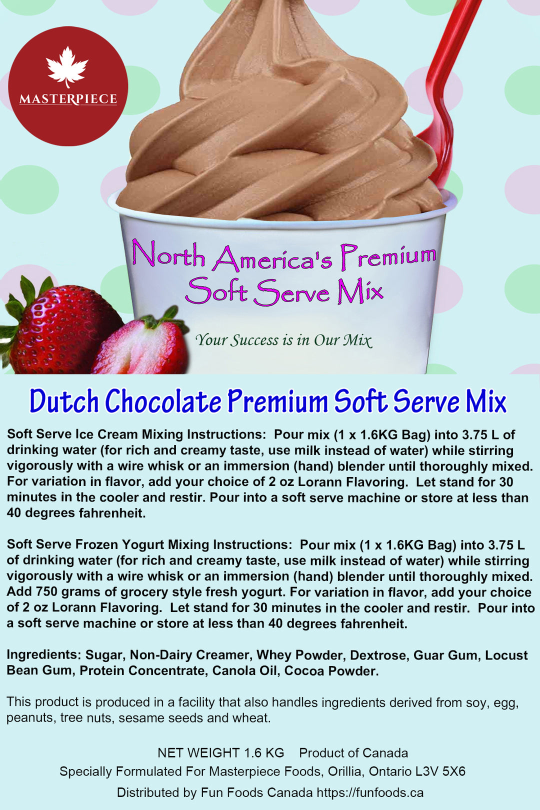 Dutch Chocolate Premium 3-in-1 Soft Serve Mix - 3.5 Lbs Bag - Case (12 x 3.5lb Bags) - Made in Canada
