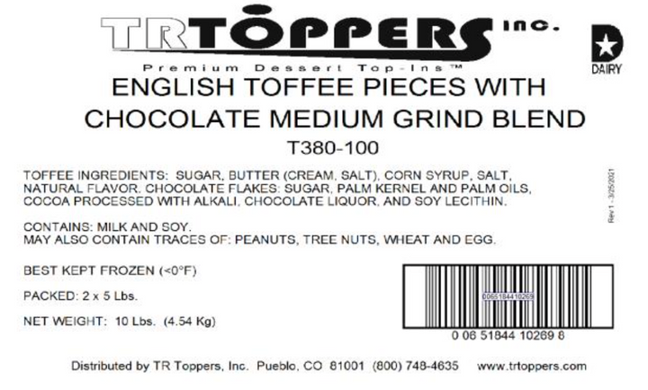 Eng Toffee Pcs w/Choc Med Grind Candy Toppings | TR Toppers T380-100 | Premium Dessert Toppings, Mix-Ins and Inclusions | Canadian Distribution