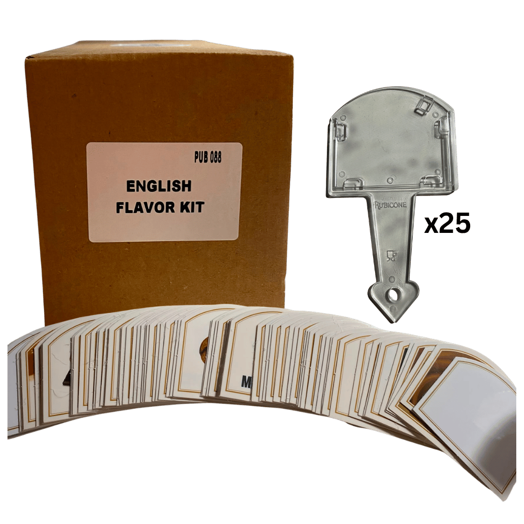 English Flavor Kit with a cardboard box, plastic holder tools, and assorted flavor tag cards on a transparent background