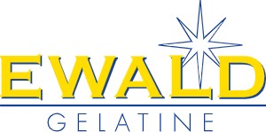 Ewald Gelatine logo with yellow text and blue star-like symbol